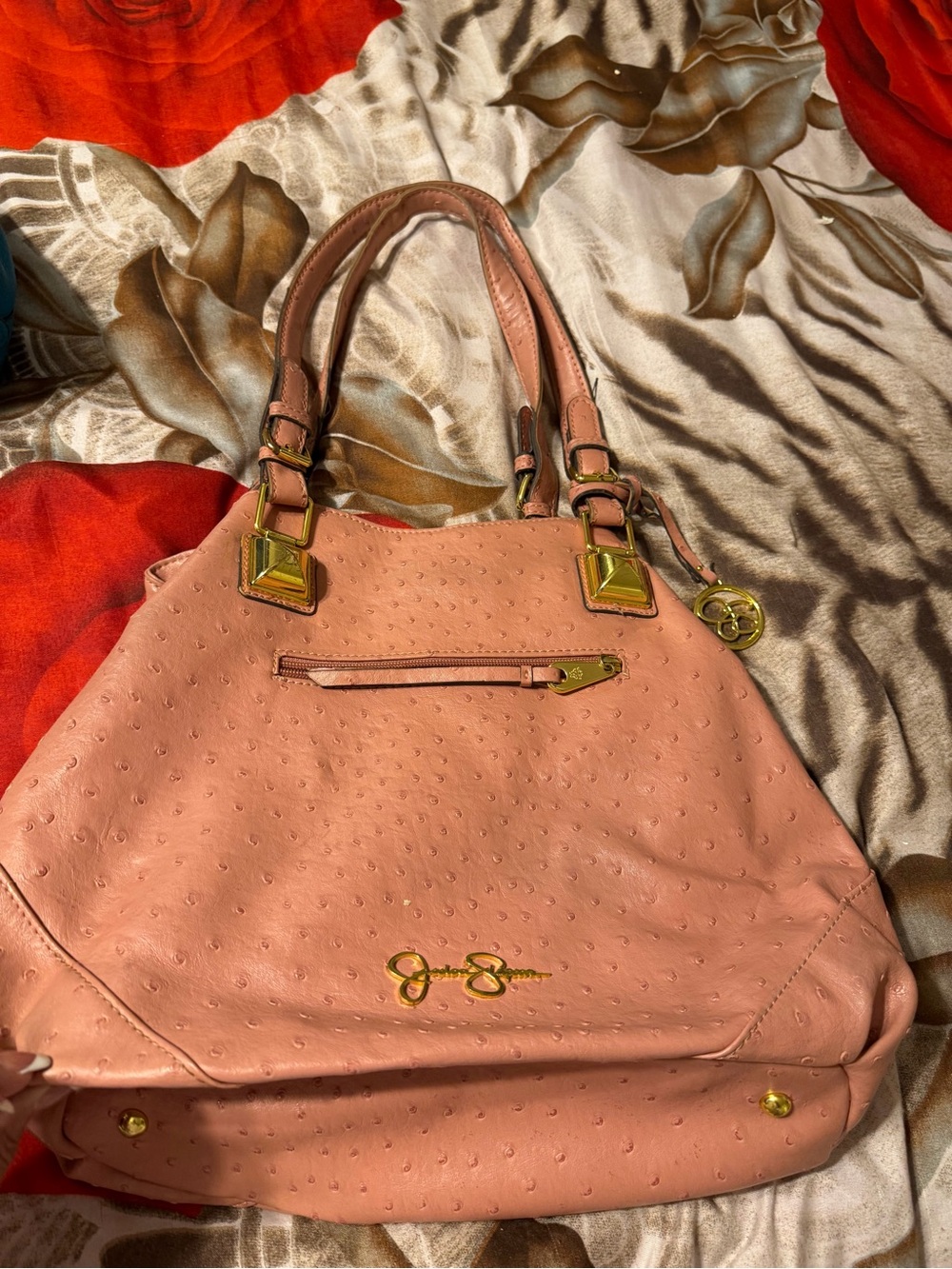 Jessica Simpson Pink Faux-Ostrich Tote with Gold Accents